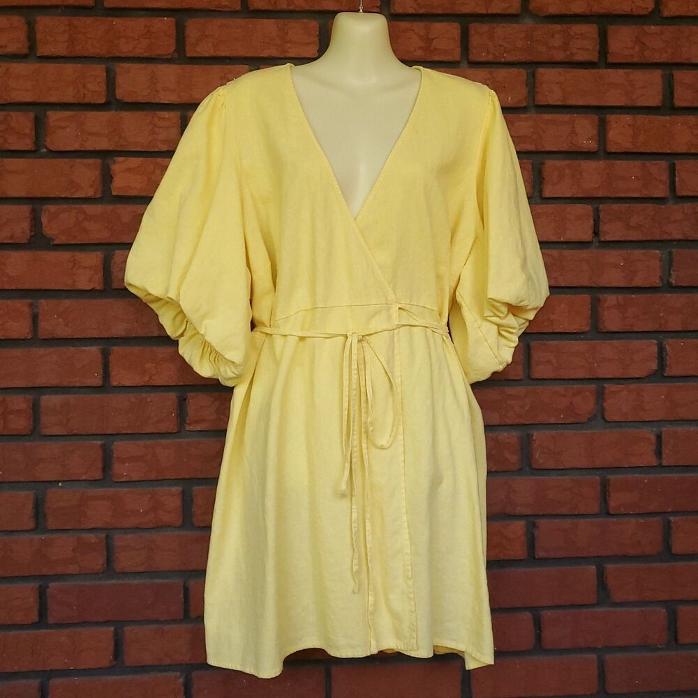 Yellow Linen Blend Puff Sleeve Wrap Dress XXL Petite Tie Waist Coastal Beachy